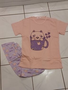 4/$60 New Pink & Purple Cat Mug Pajama Set - Size XXL (Fits Like Size Large)